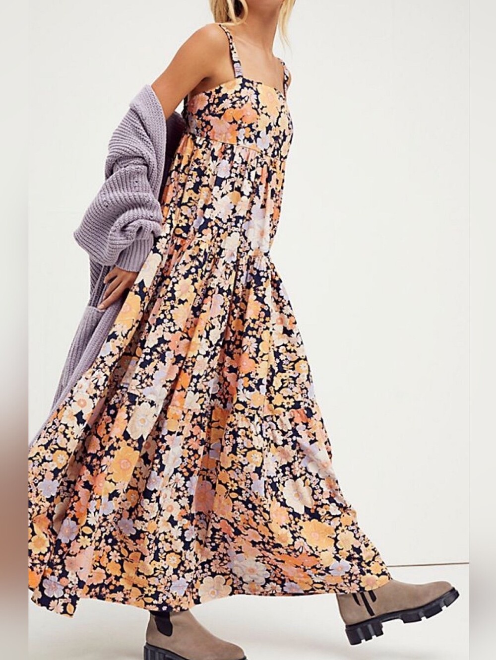 Free People Park Slope Maxi Dress (Navy Blue Base, With Peach/Lilac Flowers)